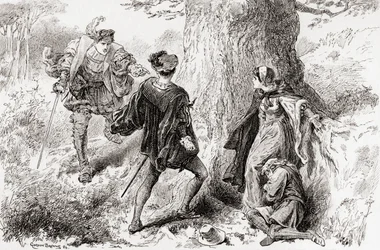 Valentin: Raufbold, lass diese grobe unhöfliche Berührung, Szene aus Shakespeares Die zwei Herren aus Verona, Akt V, Szene 4, aus Die Werke von William Shakespeare, veröffentlicht 1896